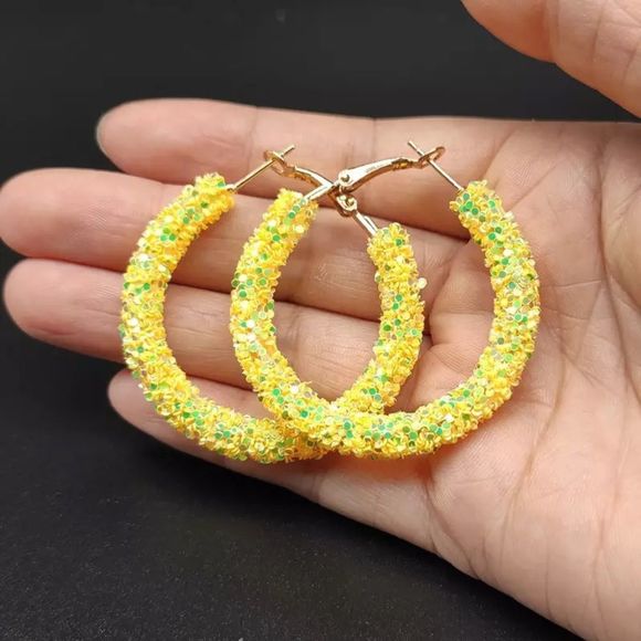 Absolutely stunning Bohemian simple yellow shiny Glitter Big Round Circle hoop - Picture 3 of 9
